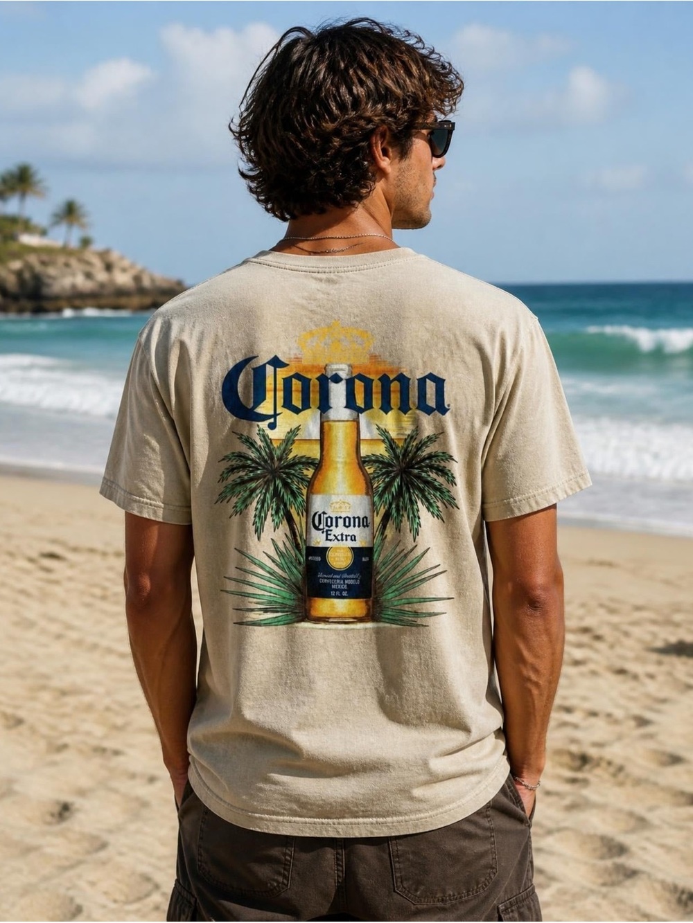 New Corona Beige Short-Sleeve Tee with Bottle & Palm Graphic Small